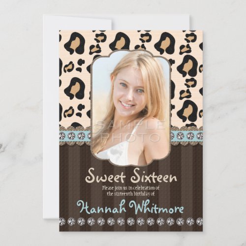 Aqua Rhinestone Look Leopard Print Sweet Sixteen Invitation