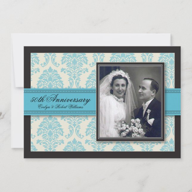 Aqua Ribbon Damask Anniversary Party Invitation (Front)