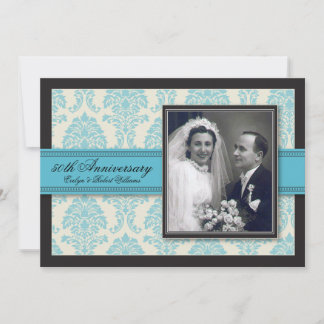 Aqua Ribbon Damask Anniversary Party Invitation