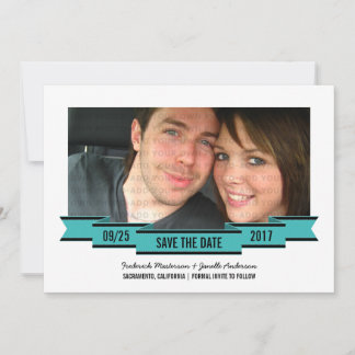 Aqua Ribbon Photo Save the Date Invite