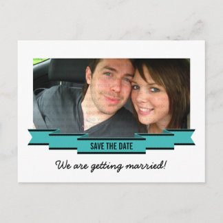 Aqua Ribbon Photo Save the Date Postcard