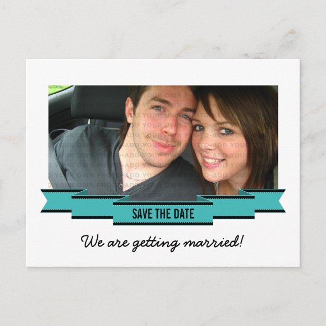 Aqua Ribbon Photo Save the Date Postcard (Front)