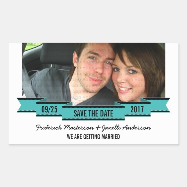 Aqua Ribbon Photo Save the Date Stickers (Front)