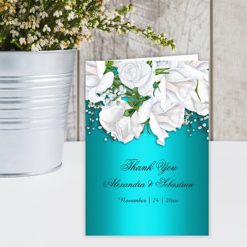 Aqua Romance White Floral Wedding Thank You Card