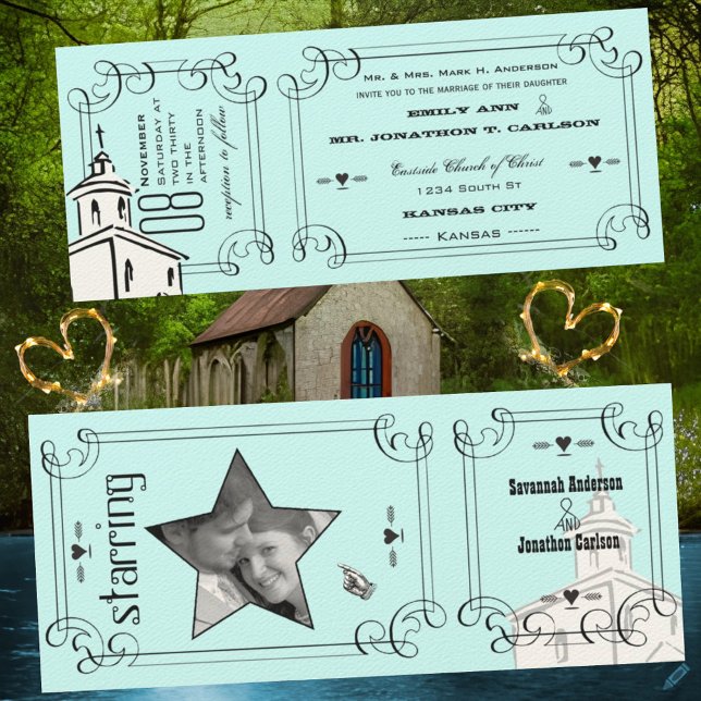 Aqua Romantic Chapel Ticket Wedding Invitation (Creator Uploaded)
