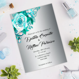 Aqua Rose Bouquet on Silver Wedding Invitation