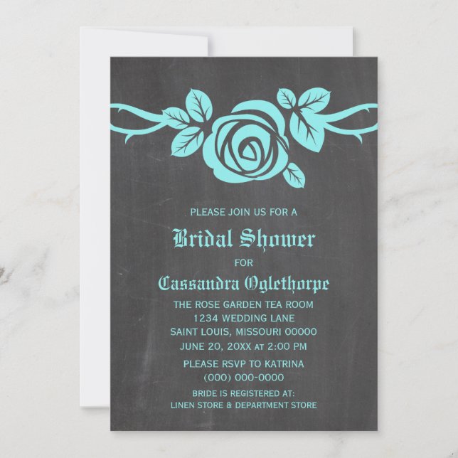 Aqua Rose Chalkboard Bridal Shower Invite (Front)