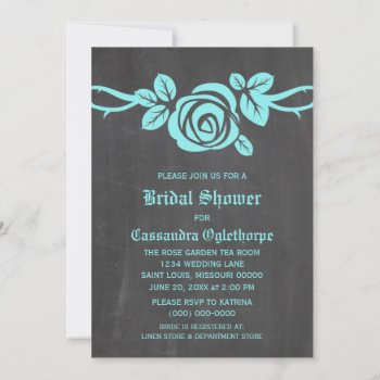Aqua Rose Chalkboard Bridal Shower Invite by Dynamic_Weddings at Zazzle