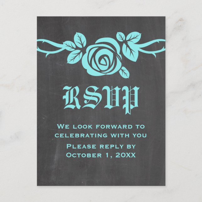 Aqua Rose Chalkboard RSVP Postcard (Front)