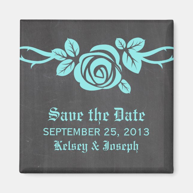 Aqua Rose Chalkboard Save the Date Magnet (Front)