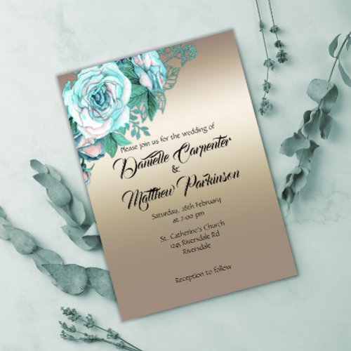 Aqua Rose Elegance on Gold Wedding Invitation