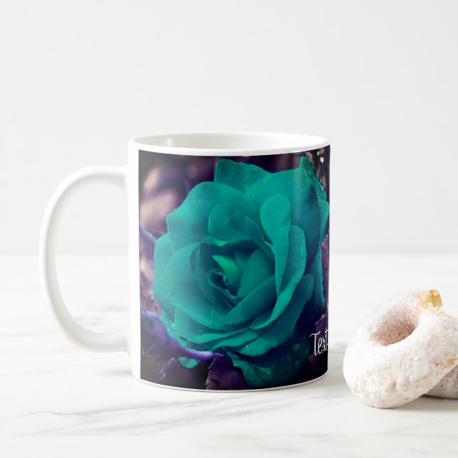 Aqua Rose Flower Art Personalized Coffee Mug (With Donut)