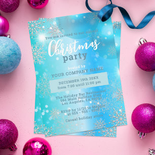 Aqua Rose Gold Snowflake Corporate Holiday Party Invitation