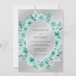 Aqua Rose Wreath Wedding Invitation