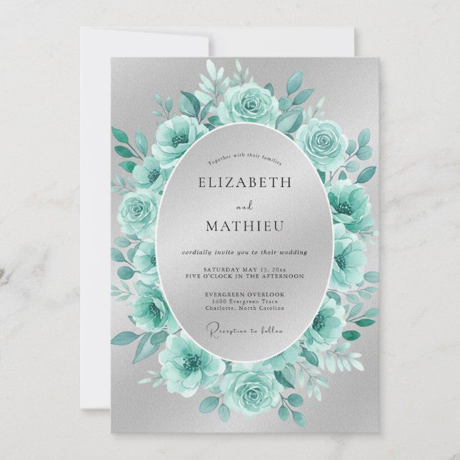 Aqua Rose Wreath Wedding Invitation (Front)