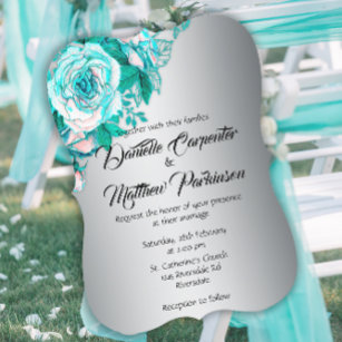 Aqua Roses and Silver Elegance Curved Wedding  Invitation