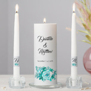Aqua Roses and Silver Elegant Wedding Unity Candle Set