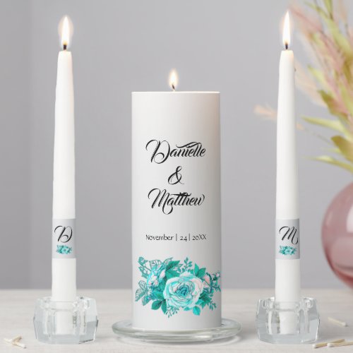 Aqua Roses and Silver Elegant Wedding  Unity Candle Set