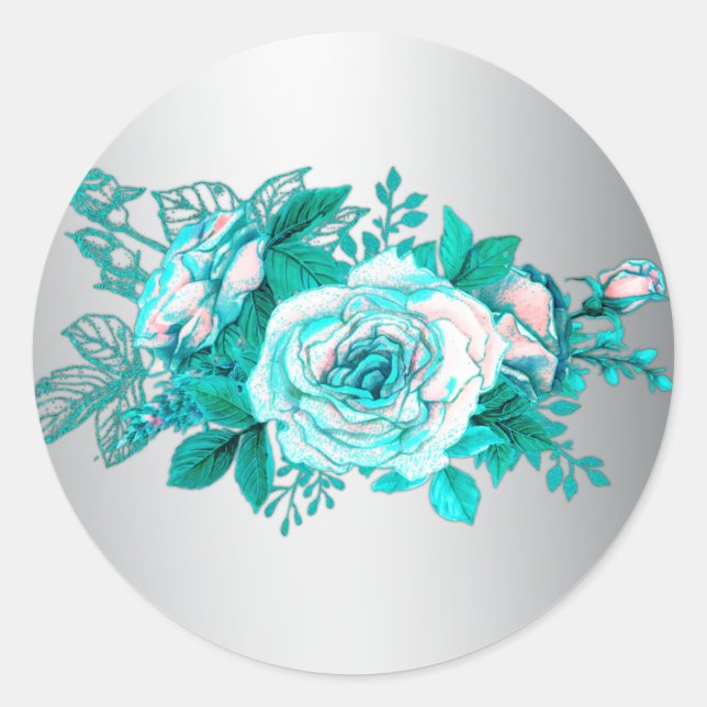 Aqua Roses and Silver Wedding Classic Round Sticker (Front)