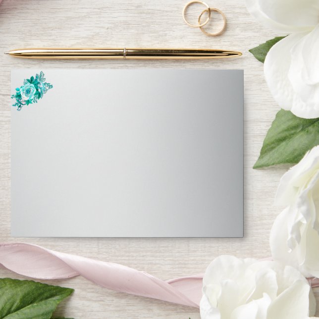 Aqua Roses and Silver Wedding Envelope (Wedding)