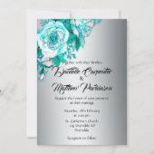 Aqua Roses and Silver Wedding Invitation (Front)