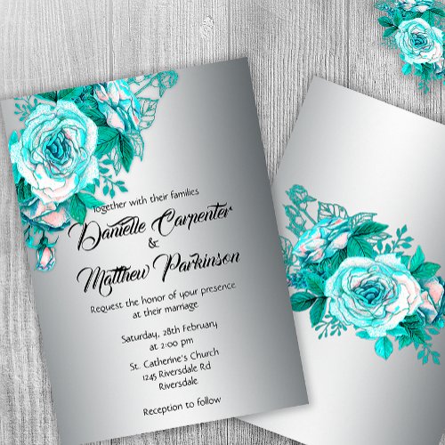 Aqua Roses and Silver Wedding Invitation