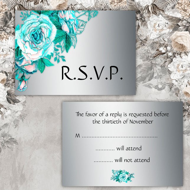 Aqua Roses and Silver Wedding RSVP Card (Creator Uploaded)