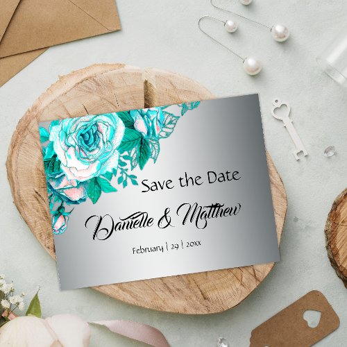 Aqua Roses and Silver Wedding Save the Date Announcement Postcard