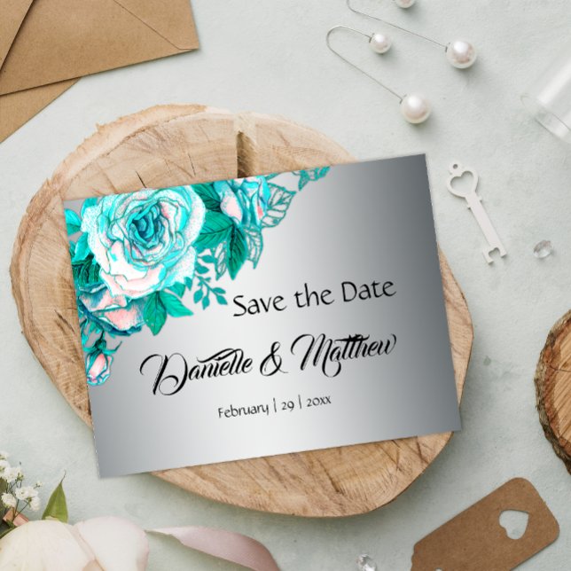 Aqua Roses and Silver Wedding Save the Date Announcement Postcard (Creator Uploaded)