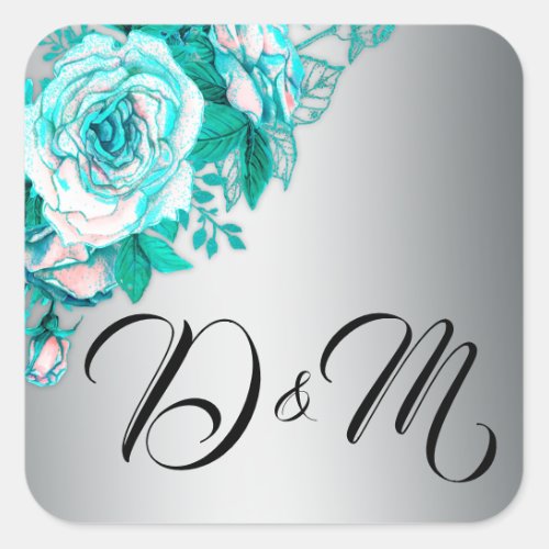 Aqua Roses and Silver Wedding Square Sticker