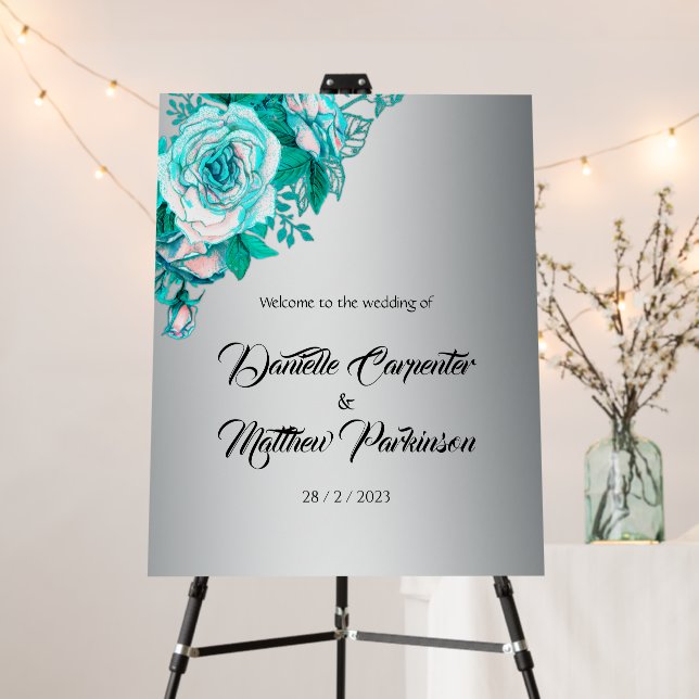 Aqua Roses and Silver Wedding Welcome Sign  (In Situ (Stand))
