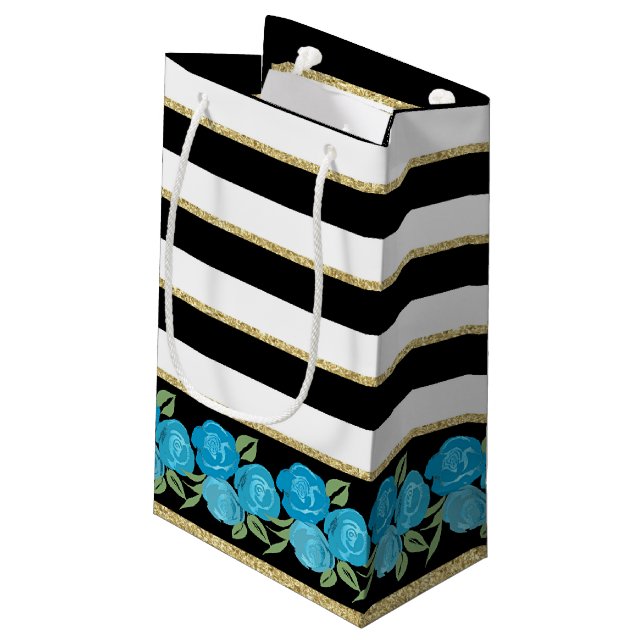 Aqua Roses on Black, White, Gold Gift Bag (Back Angled)