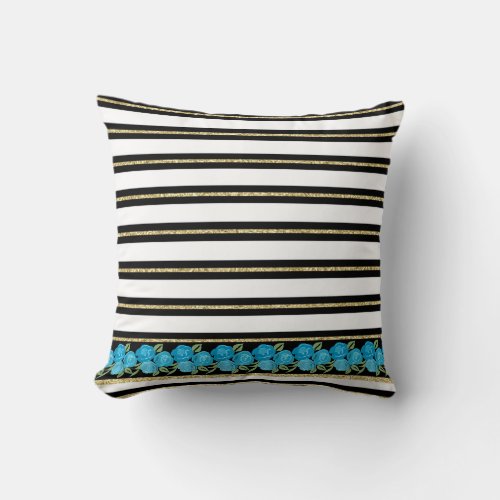 Aqua Roses on Black White Gold Stripes Cushion