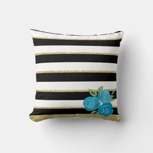 Aqua Roses on Black White Gold Stripes Cushion