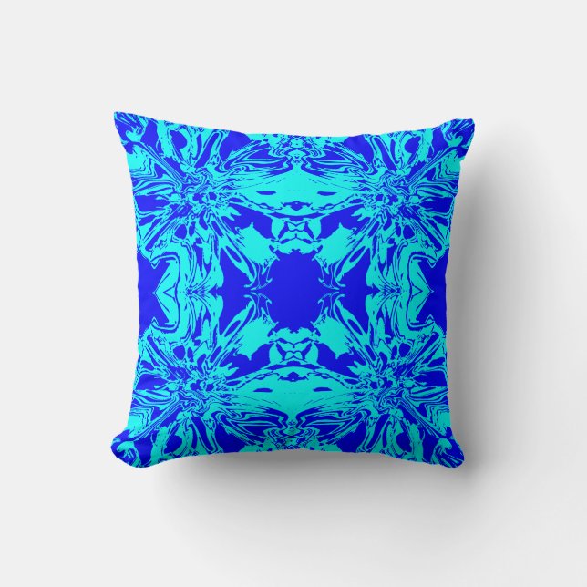 Aqua Royal Blue Mediterranean Floral Large Mosaics Throw Pillow (Front)