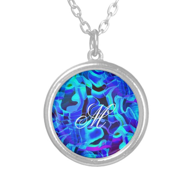 Aqua Royal Blue Monogram Contemporary Pattern Silver Plated Necklace (Front)