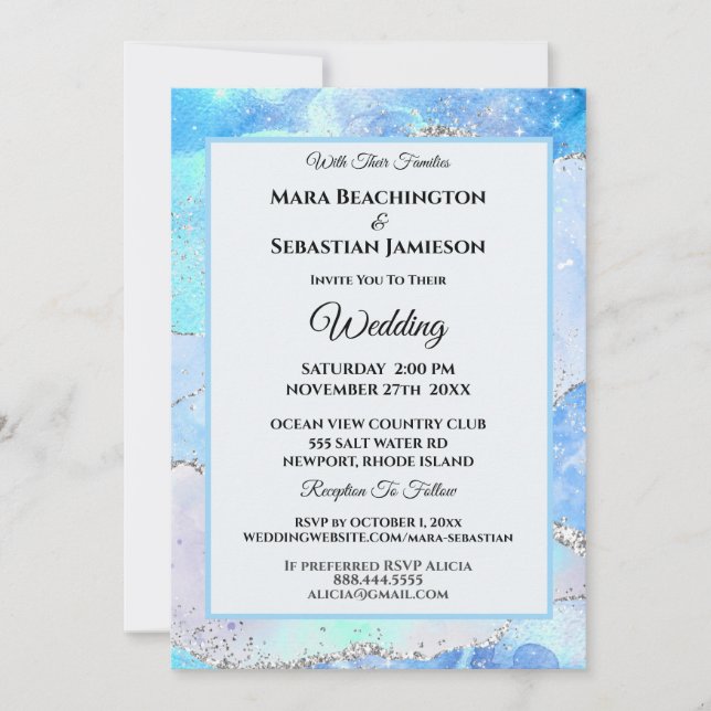 *~* AQUA RSVP Website AGATE Stars AR13 Wedding Invitation (Front)