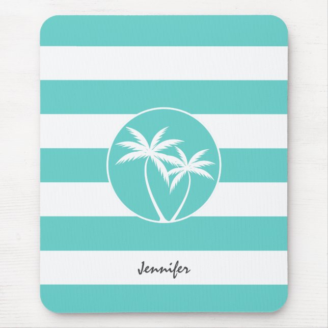 Aqua Rugby Stripes Tropical Palm Logo with Name Mouse Pad (Front)
