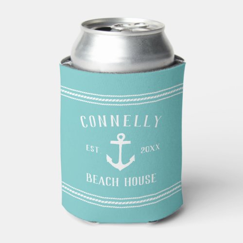 Aqua Rustic Anchor Personalized Beach House Can Cooler