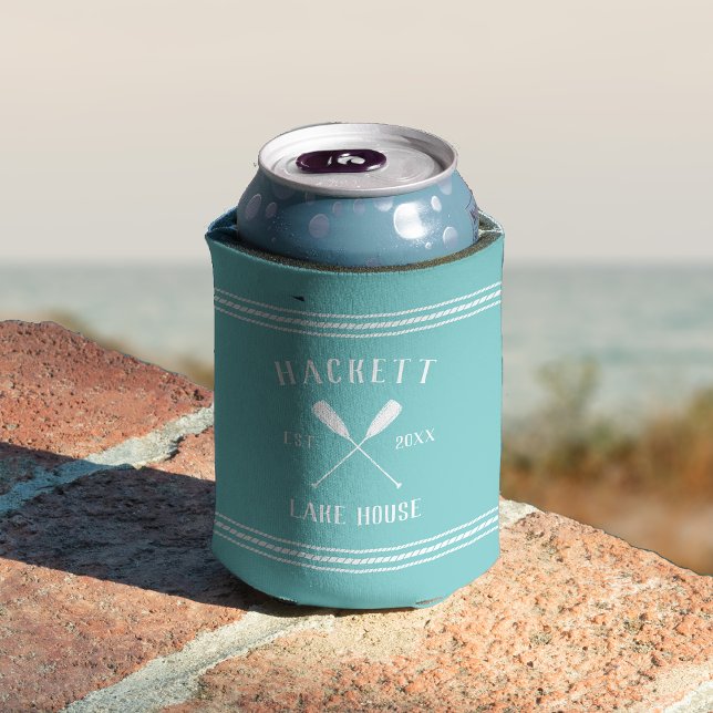 Aqua Rustic Oars Personalized Lake House Can Cooler (Creator Uploaded)