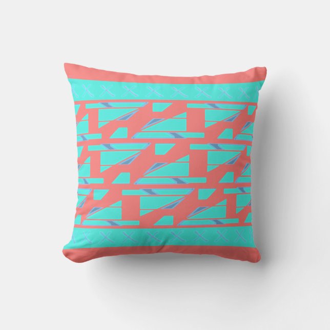 Aqua Salmon Bordered MCM Look Mosaic-like Design Throw Pillow (Front)
