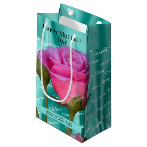 Aqua Satin _ Happy Mothers Day _ Pink Rose Text Small Gift Bag