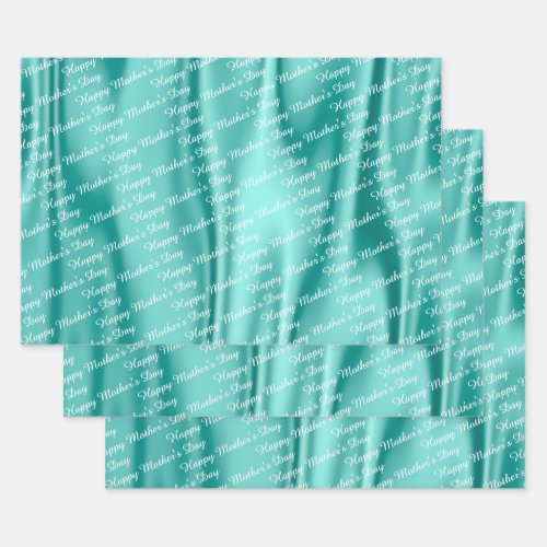 Aqua Satin _ Happy Mothers Day _ Text Pattern Wrapping Paper Sheets