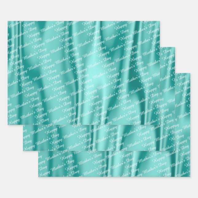 Aqua Satin - Happy Mother's Day - Text Pattern Wrapping Paper Sheets (Set)