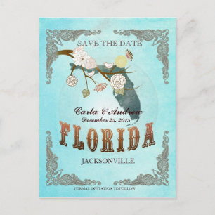 Aqua Save The Date - Florida Map With Lovely Birds Announcement Postcard