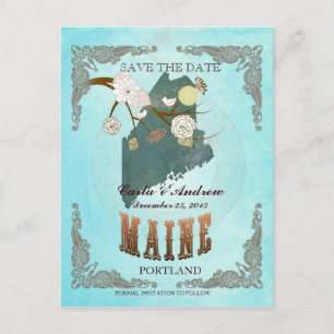 Aqua Save The Date - Maine Map With Lovely Birds Announcement Postcard