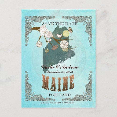 Aqua Save The Date _ Maine Map With Lovely Birds Announcement Postcard