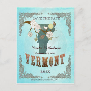 Aqua Save The Date -Vermont Map With Lovely Birds Announcement Postcard
