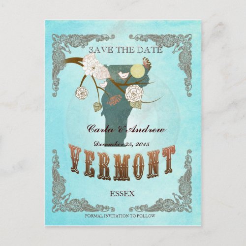 Aqua Save The Date _Vermont Map With Lovely Birds Announcement Postcard