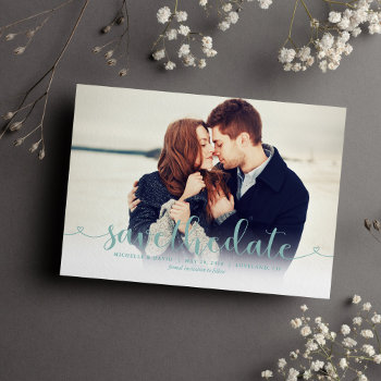Aqua Script Photo Wedding Save The Date by heartlocked at Zazzle